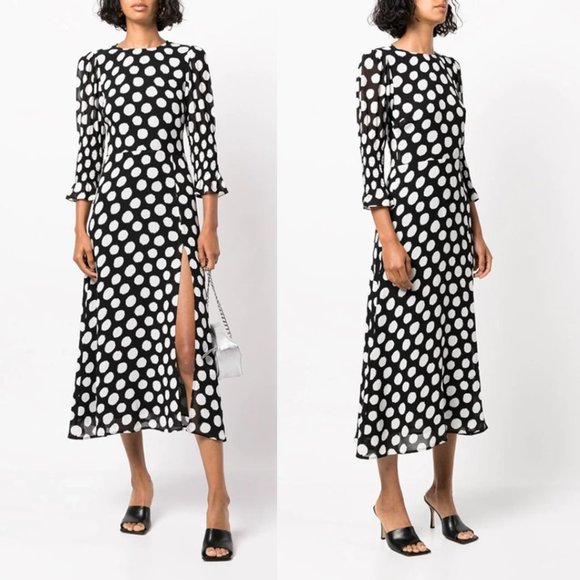 Reformation Carolena Midi Dress Luna Sz 4 Polka Dot Thigh High Slit 3/4 Sleeve